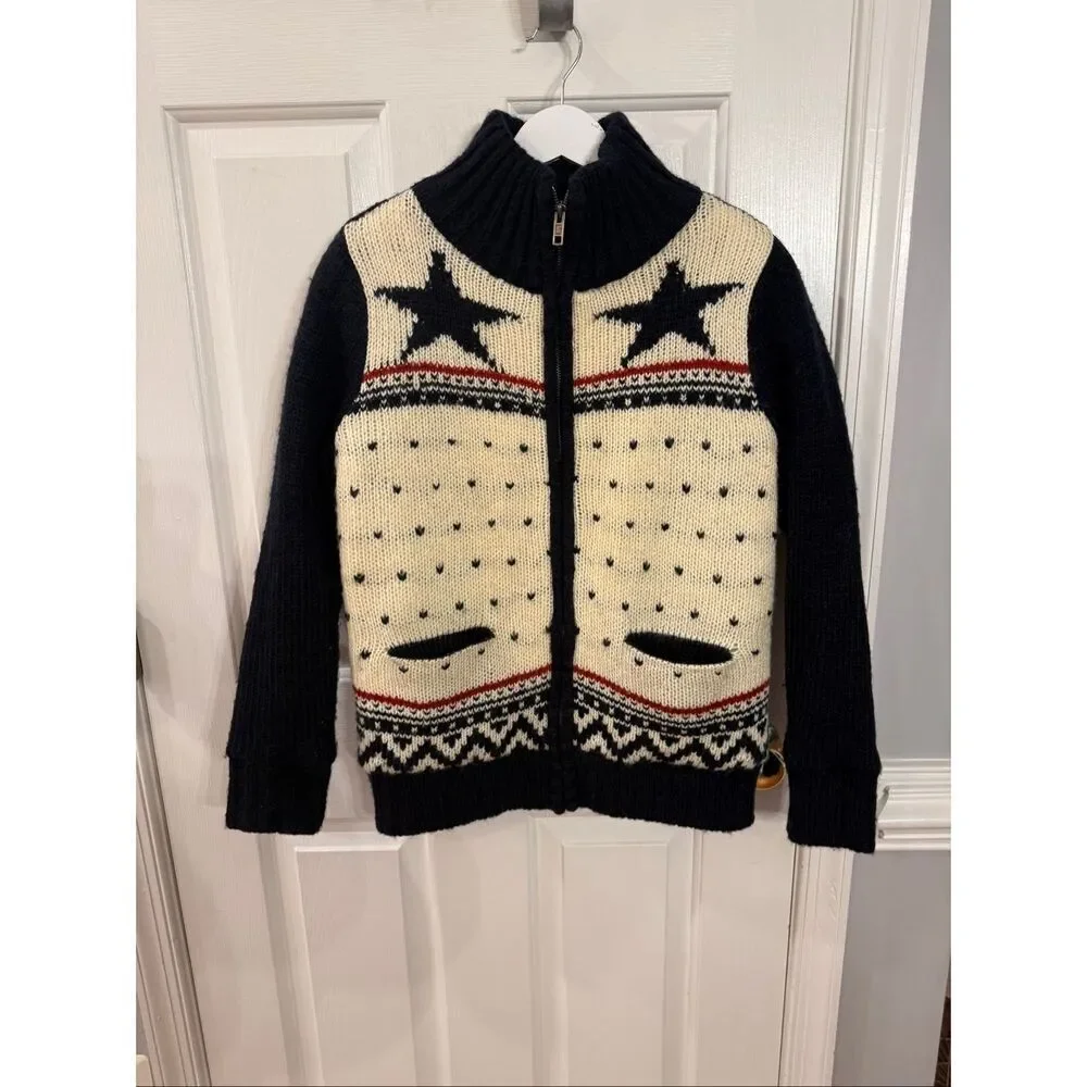 Vintage Design United Fleece Lined Navy & Cream Star Zip Up Cardigan Sweater sz